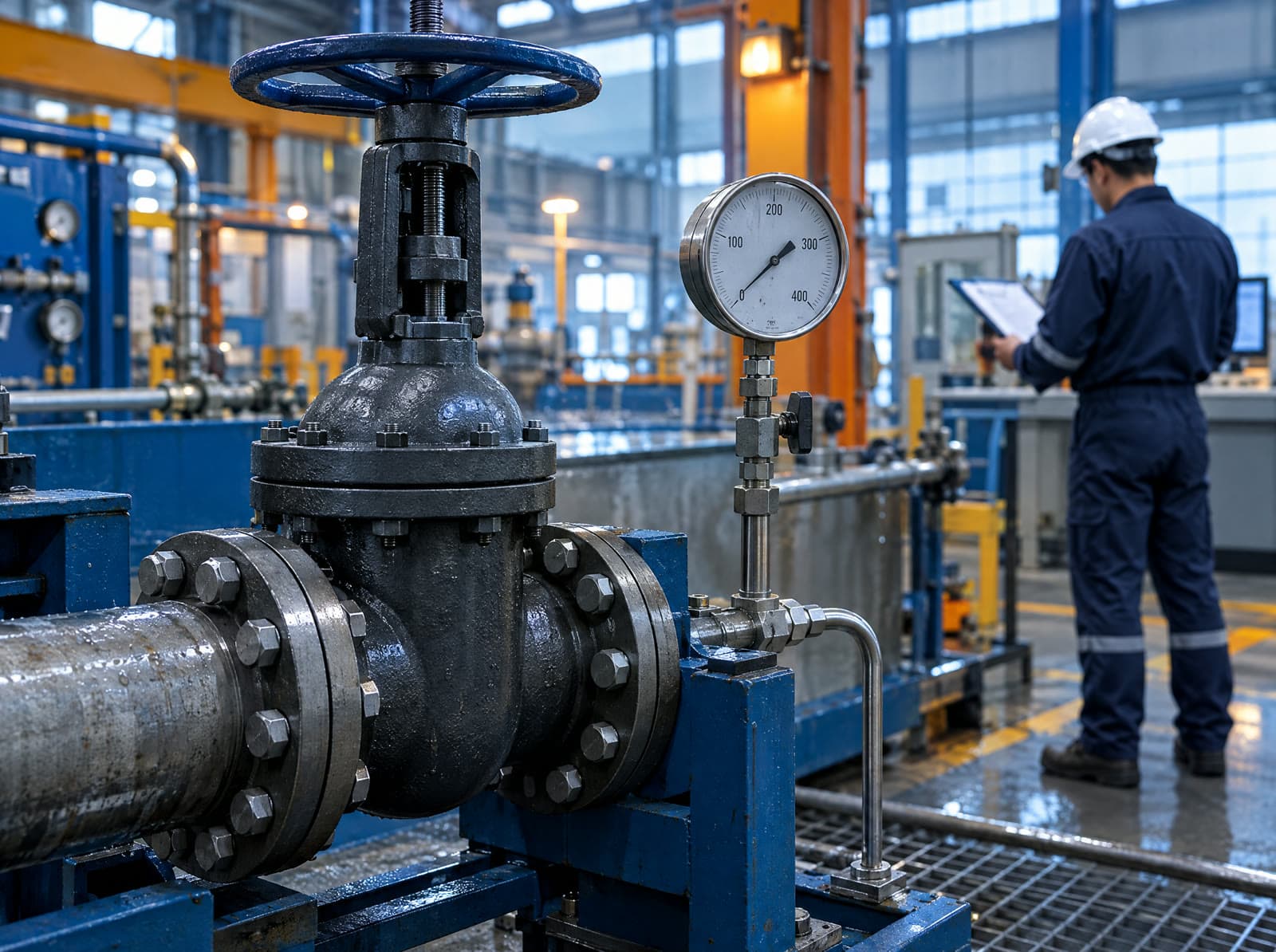 Armatur auf einem Wasserdruckprüfstand, Manometer im Fokus