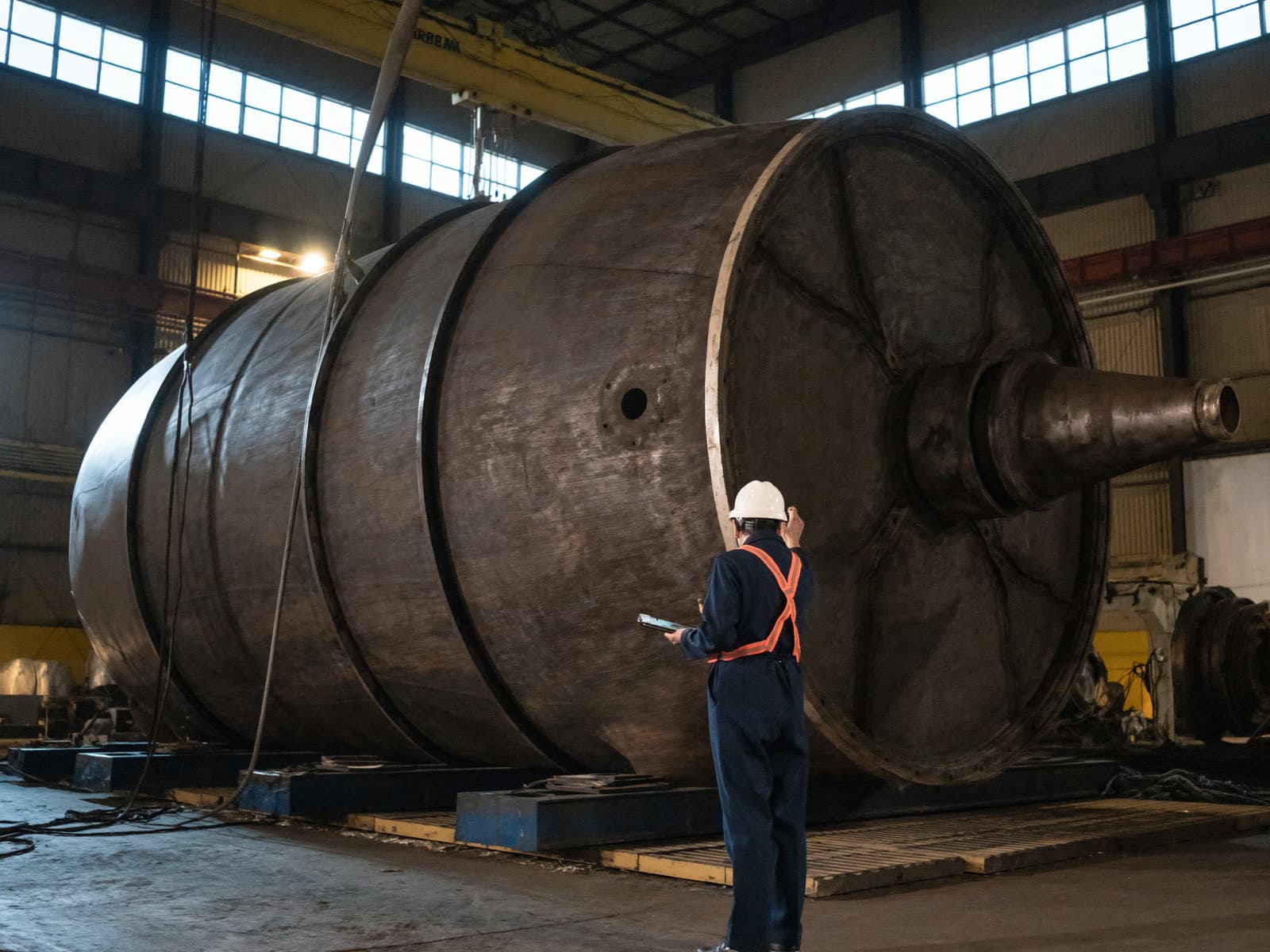 Grote gefabriceerde vatmantel in een werkplaats voor zware fabricage